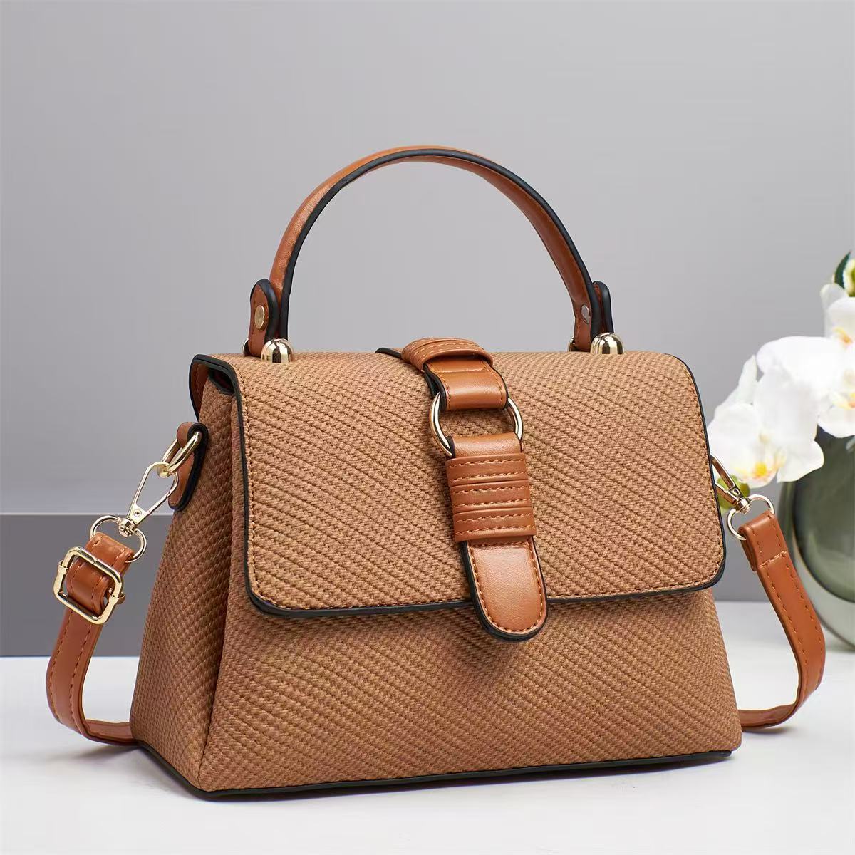 Womens Textured Top Handle Satchel Handbag with Shoulder Strap